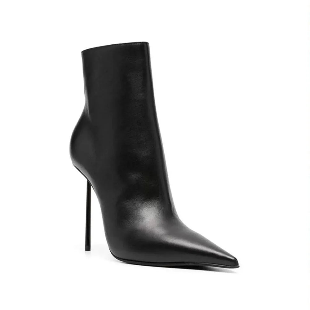 Black pointed-toe ankle boots, angled side view, stiletto heel