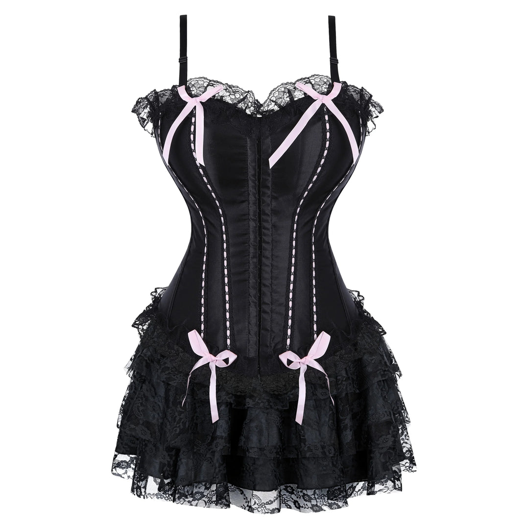 Black corset dress with pink ribbon bow details and layered lace ruffle skirt