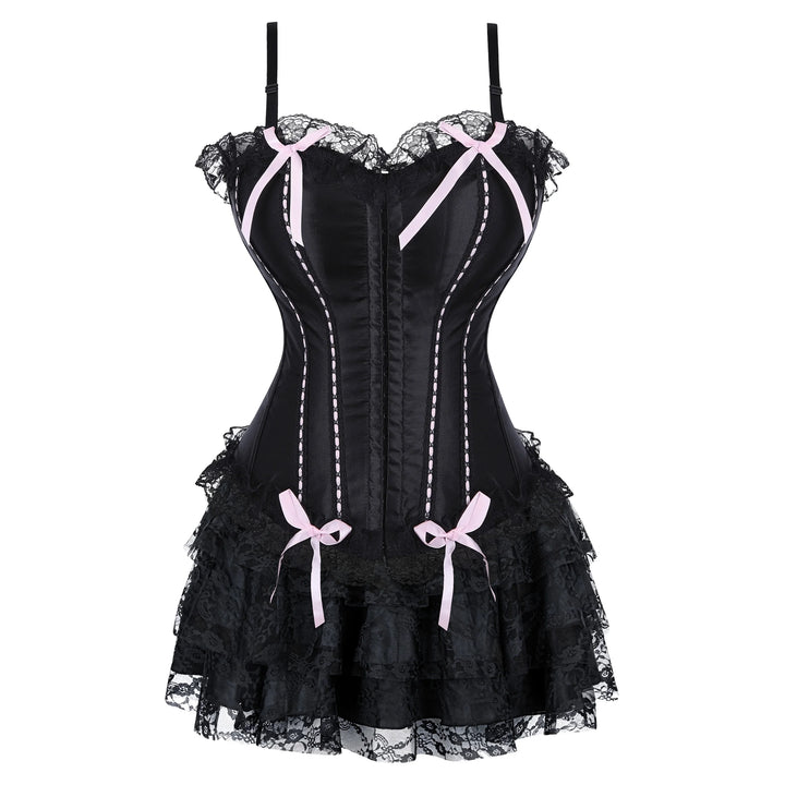Black corset dress with pink ribbon bow details and layered lace ruffle skirt