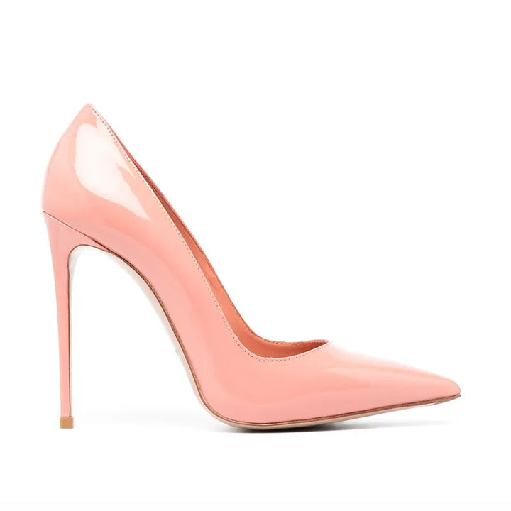 Women’s high-heel patent leather pumps, glossy pale pink, pointed toe, stiletto heel