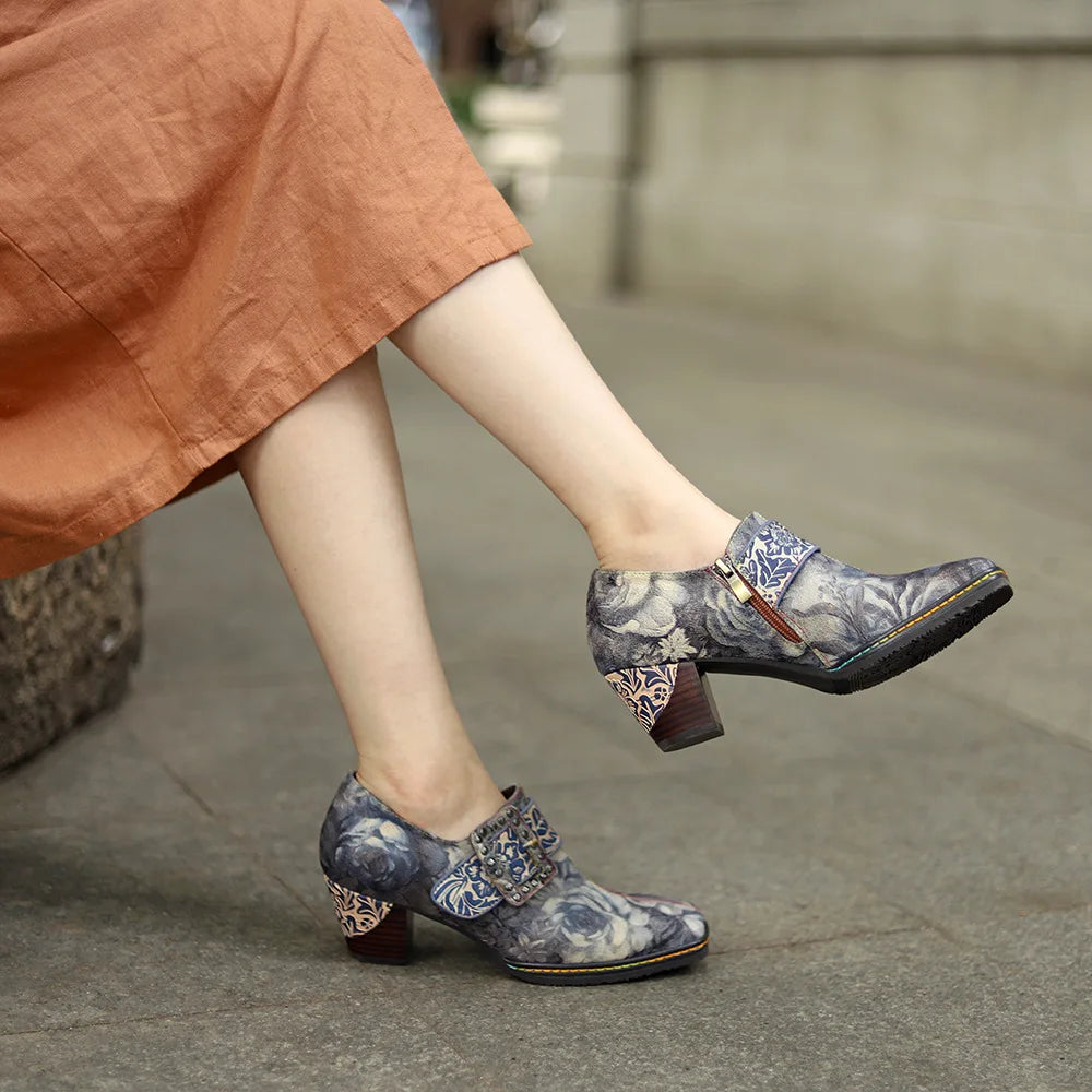 Women’s genuine leather dress pumps, gray floral upper with blue buckle strap and low block heel