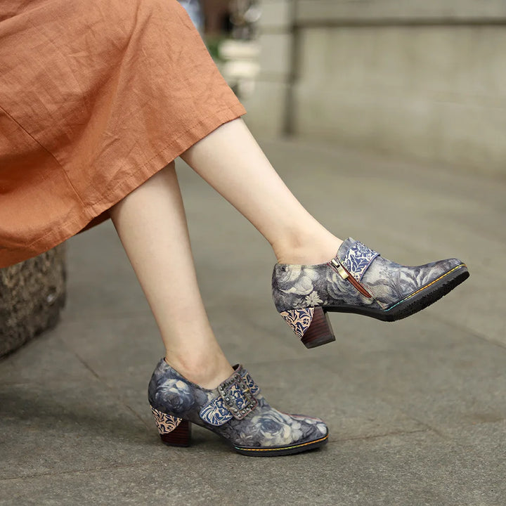 Women’s genuine leather dress pumps, gray floral upper with blue buckle strap and low block heel