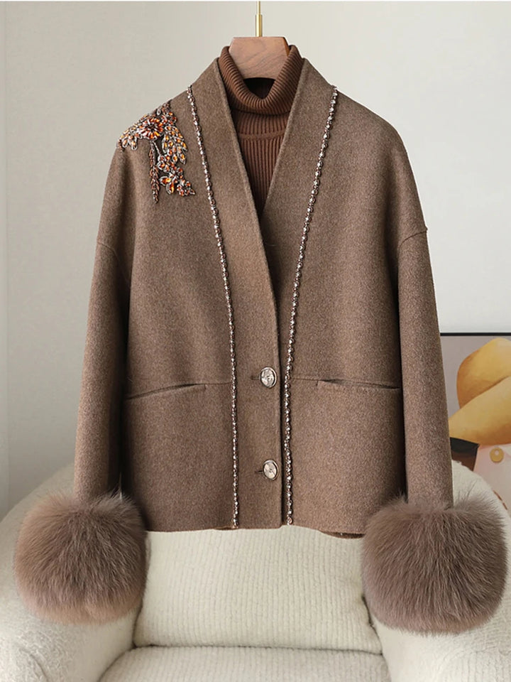 Real Natural Warm Wool Fur Cuff Coat