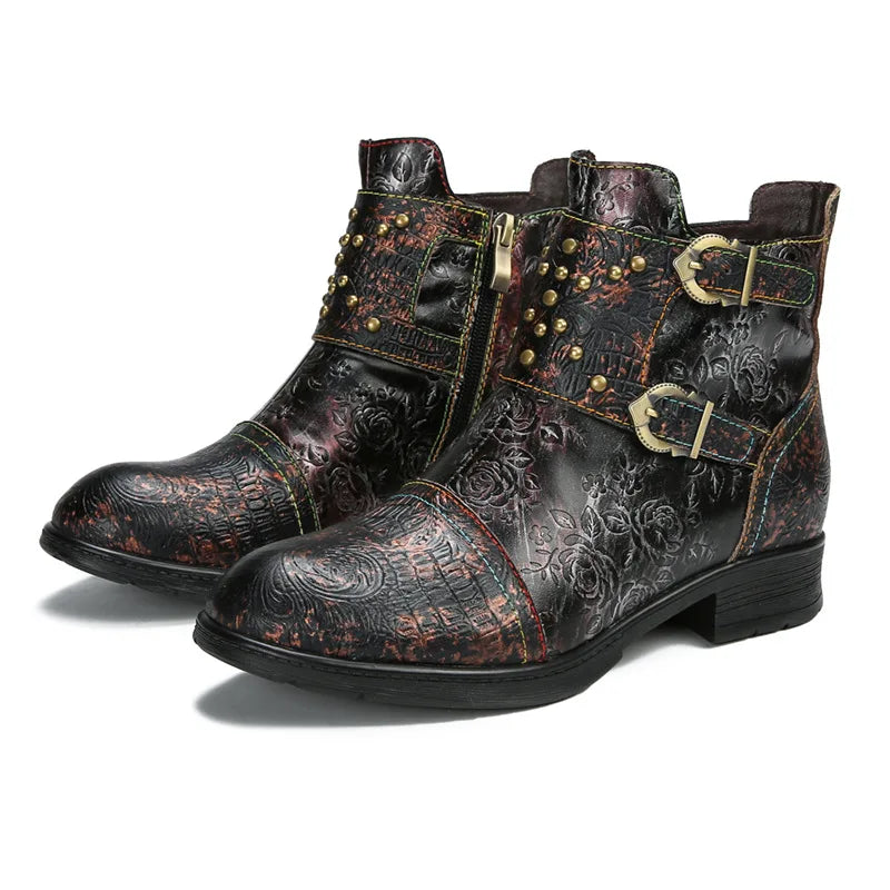 Riveted Belt Buckle Embossed Boots