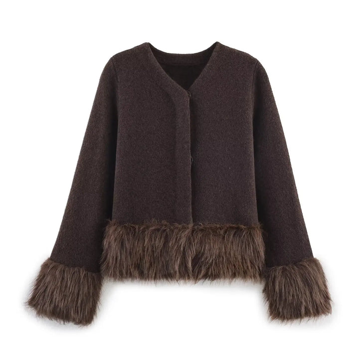 Artificial Fur Spliced Knitted Cardigan