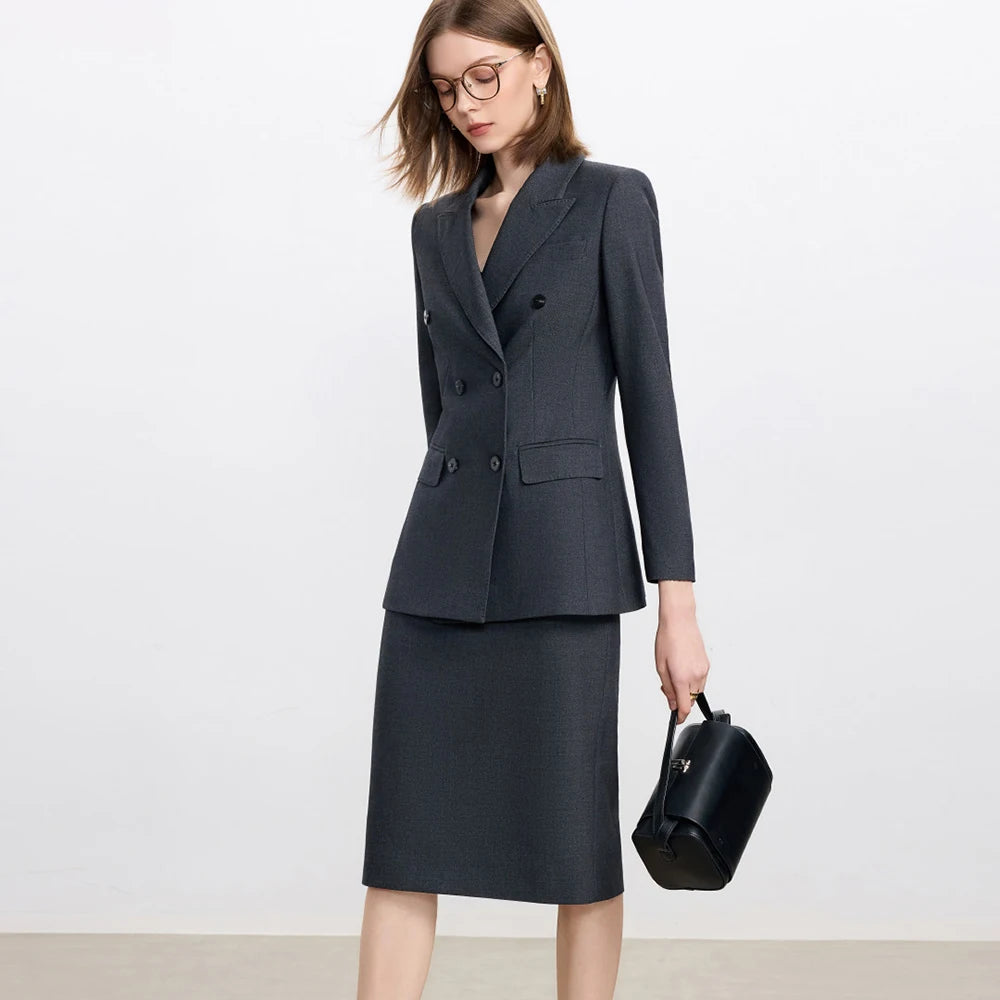 Dark gray tailored blazer and midi pencil skirt set, double-breasted style