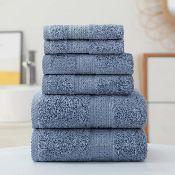 Blue grey organic cotton towel set, 3-pc stack with textured weave and stitched bands