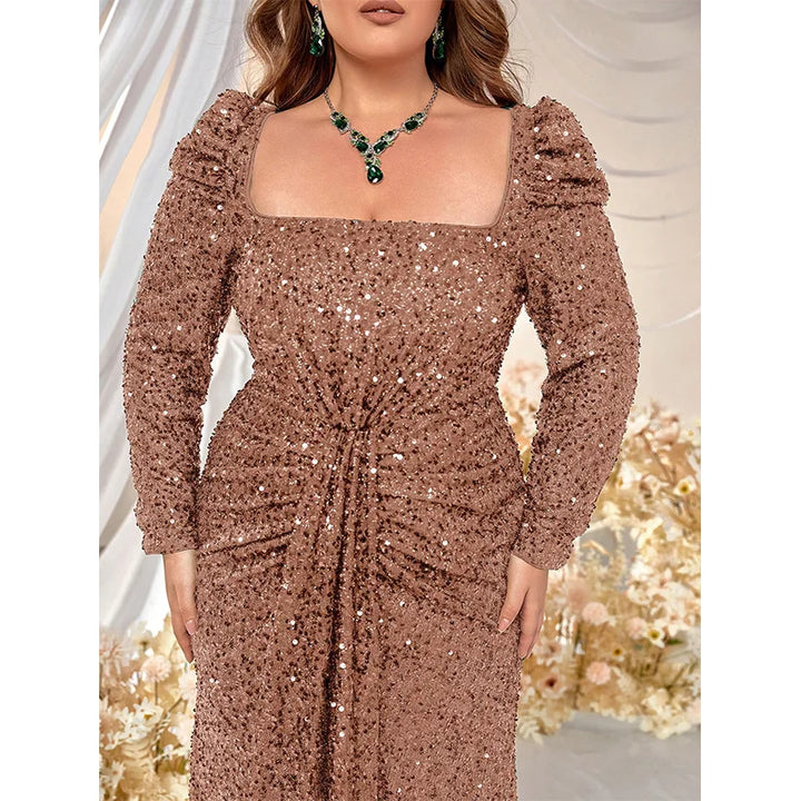 Sequins Square Neck Plus Size Evening Dress