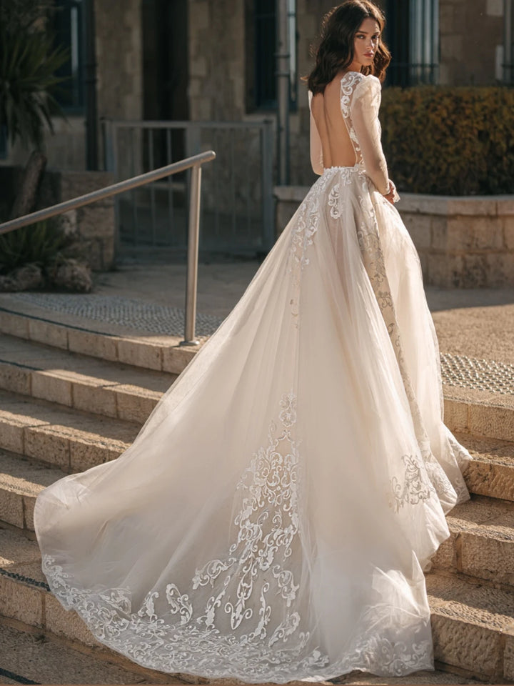 Deep V-Neck Lace Applique Bridal Gown