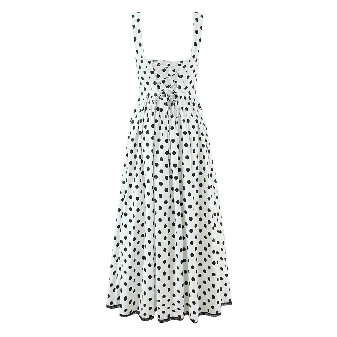 White polka-dot lace-spliced swing midi dress with square neckline and adjustable straps
