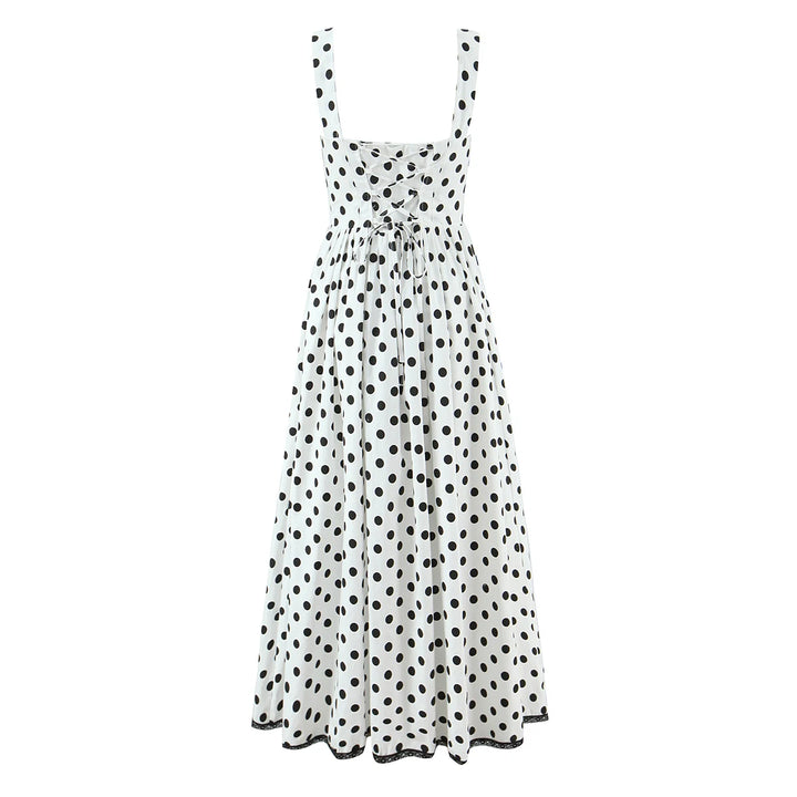White polka-dot lace-spliced swing midi dress with square neckline and adjustable straps