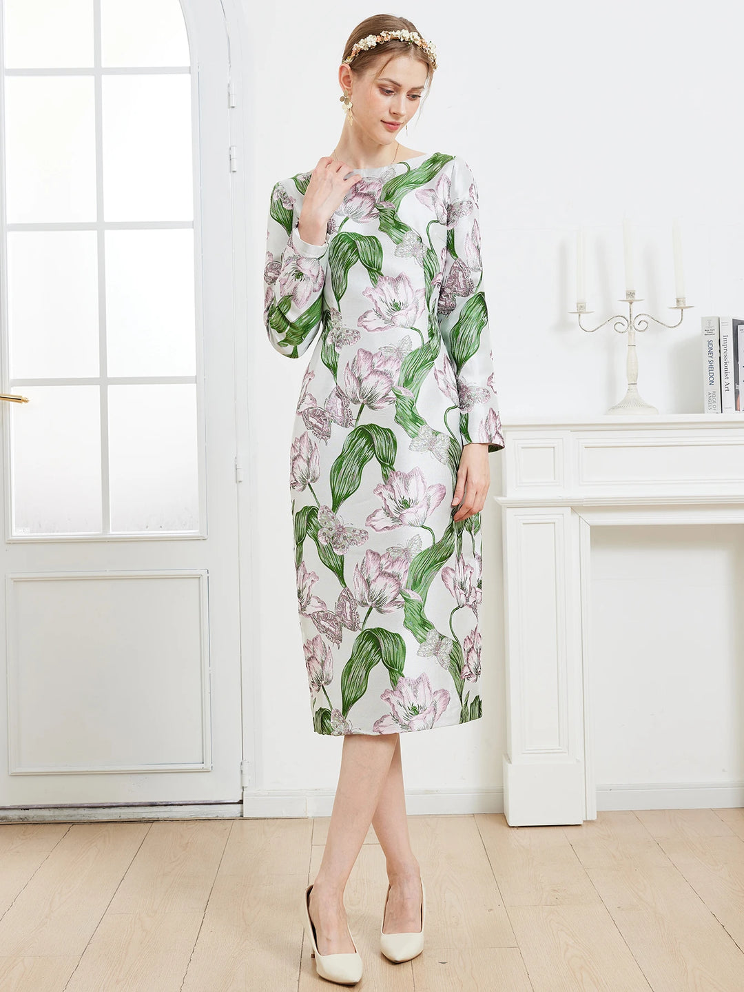 Stunning Floral Jacquard Midi Dress