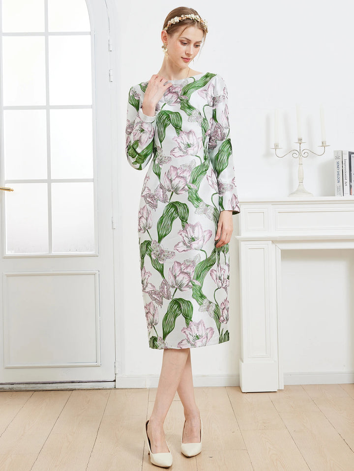 Stunning Floral Jacquard Midi Dress