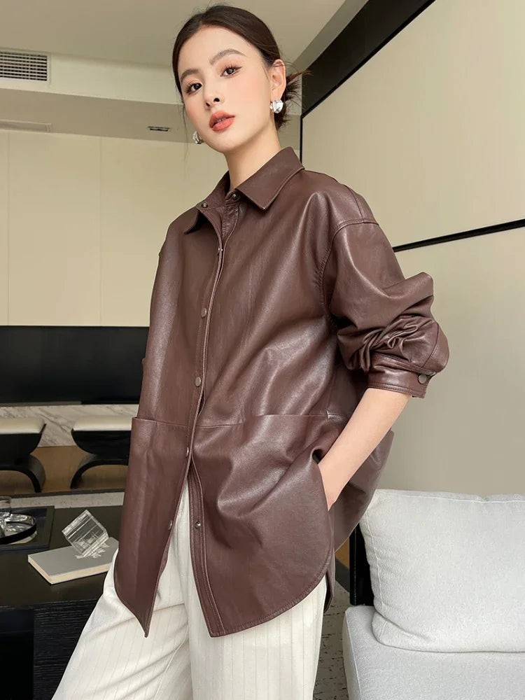 Wine brown sheepskin leather shirt jacket with pointed collar, front buttons, two pockets