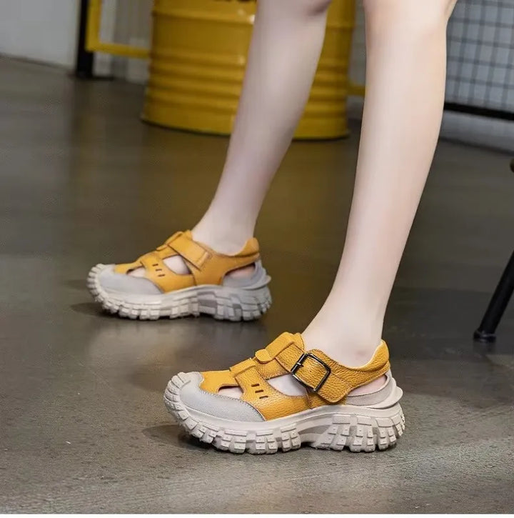 Yellow leather chunky sandals with double hook-and-loop straps and white sole
