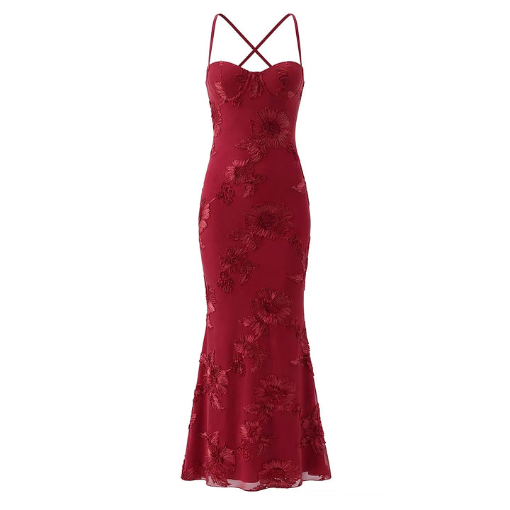 Red lace-up backless maxi dress with floral lace pattern and thin spaghetti straps