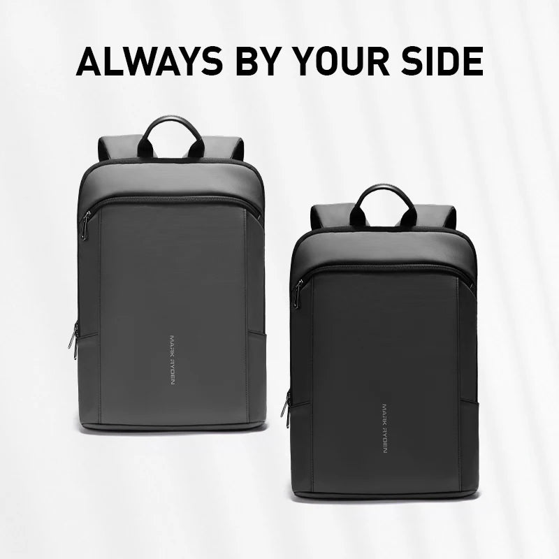 Set of dark front-facing business backpacks with top handles and side zipper details.