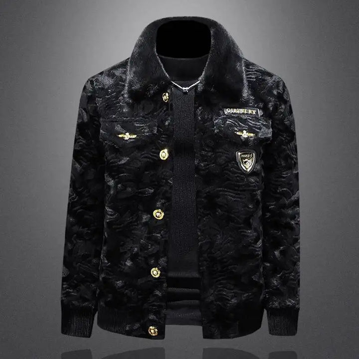 Black faux fur overcoat, button-front, stand collar, chest patches, gold snap details
