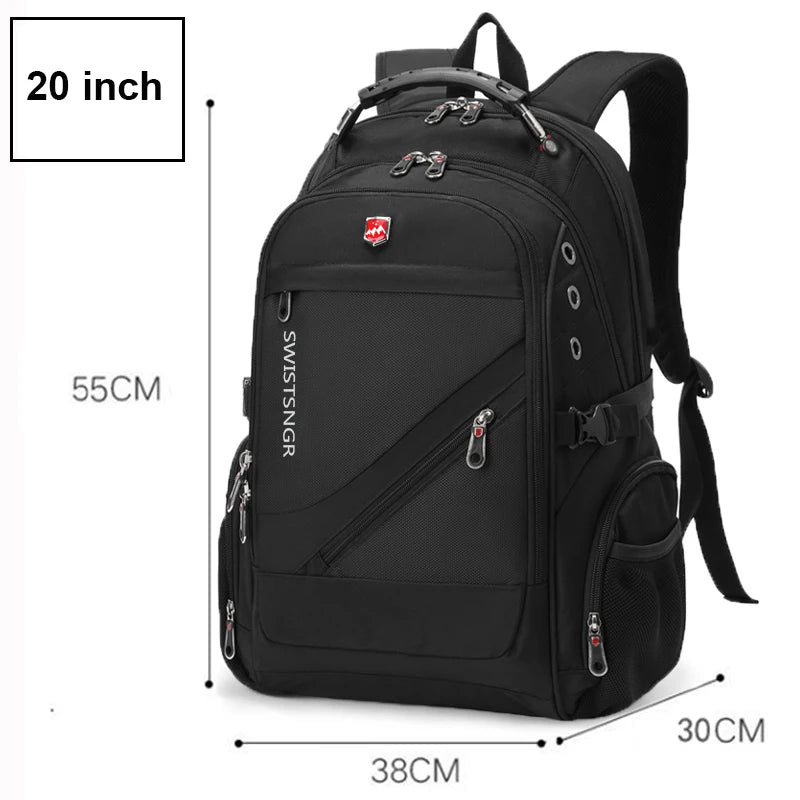 20-inch waterproof black laptop backpack with side zippers and adjustable shoulder straps