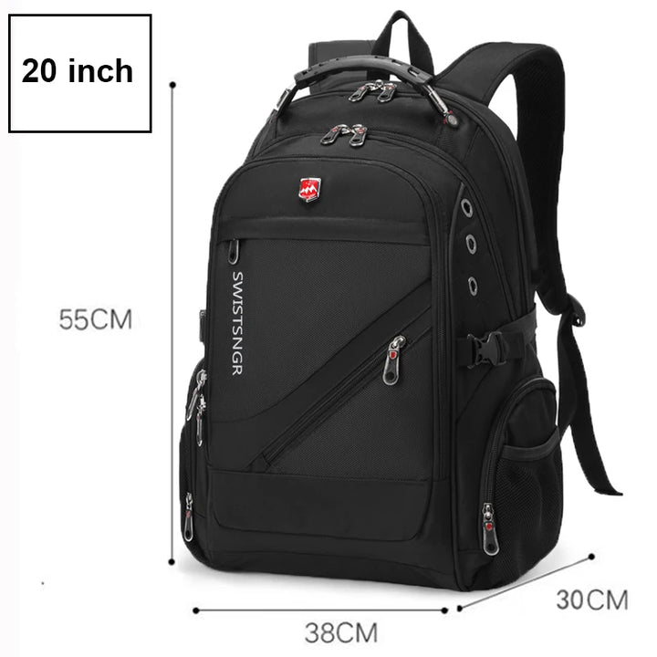 20-inch waterproof black laptop backpack with side zippers and adjustable shoulder straps