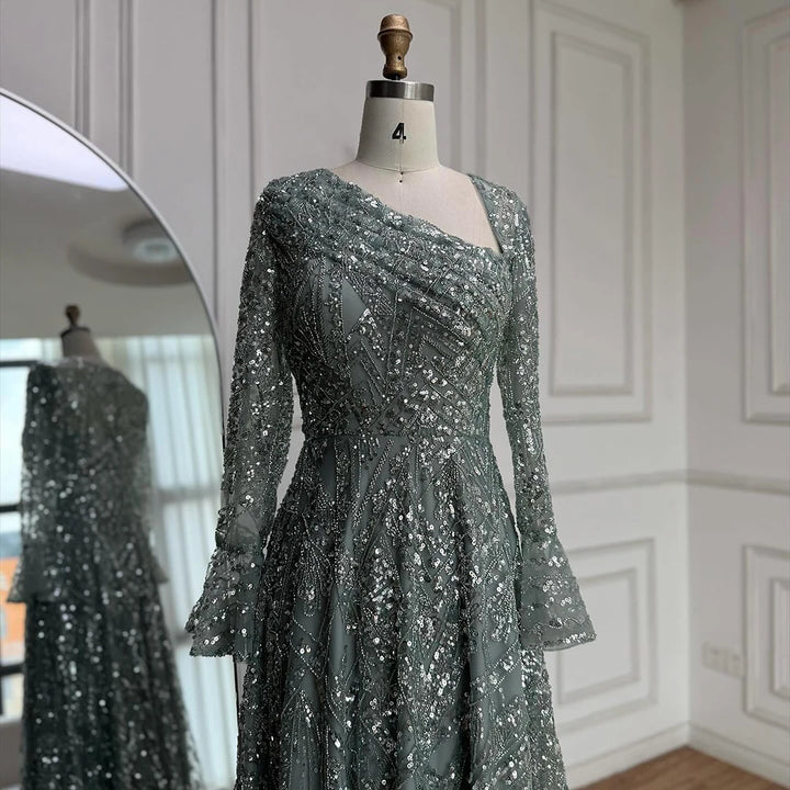 Gorgeous Beaded Puffy Sleeve Arabic Evening Gown