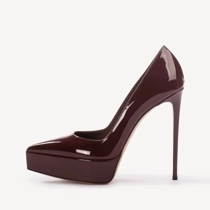 Dark brown patent leather pointed-toe pumps with high stiletto heel and platform sole