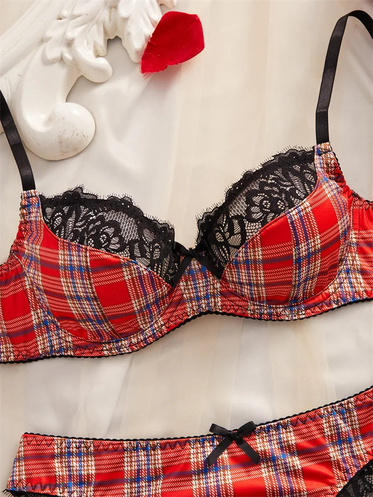 Classic Lace Trim Red Plaid Lingerie