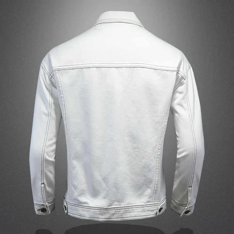 Men's white denim jacket, back view with full button collar and stitched seams