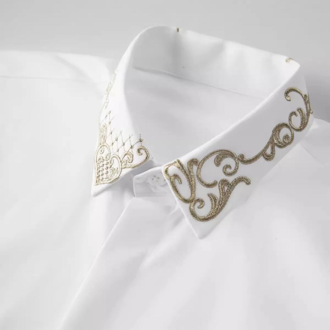 White dress shirt with gold embroidered collar points and decorative neckline