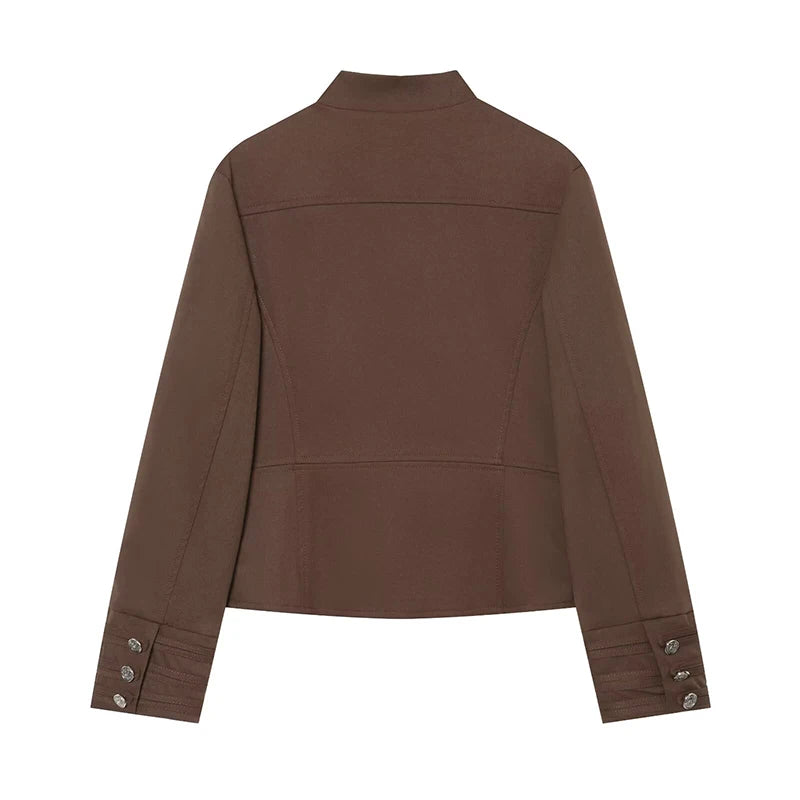 Brown cropped blazer back view with long sleeves and buttoned cuffs