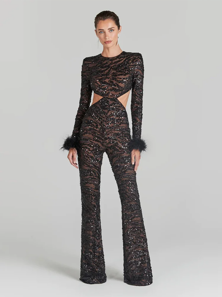 Sequins Feather Cocktail Jumpsuit