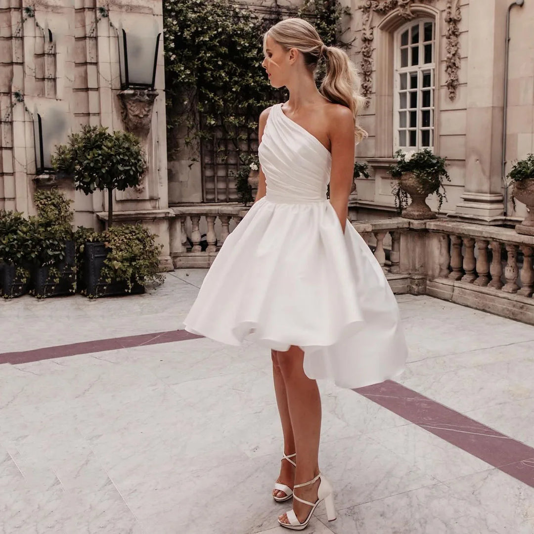 Women's One Shoulder Mini Wedding Dress - All For Me Today Women's One Shoulder Mini Wedding Dress - All For Me Today