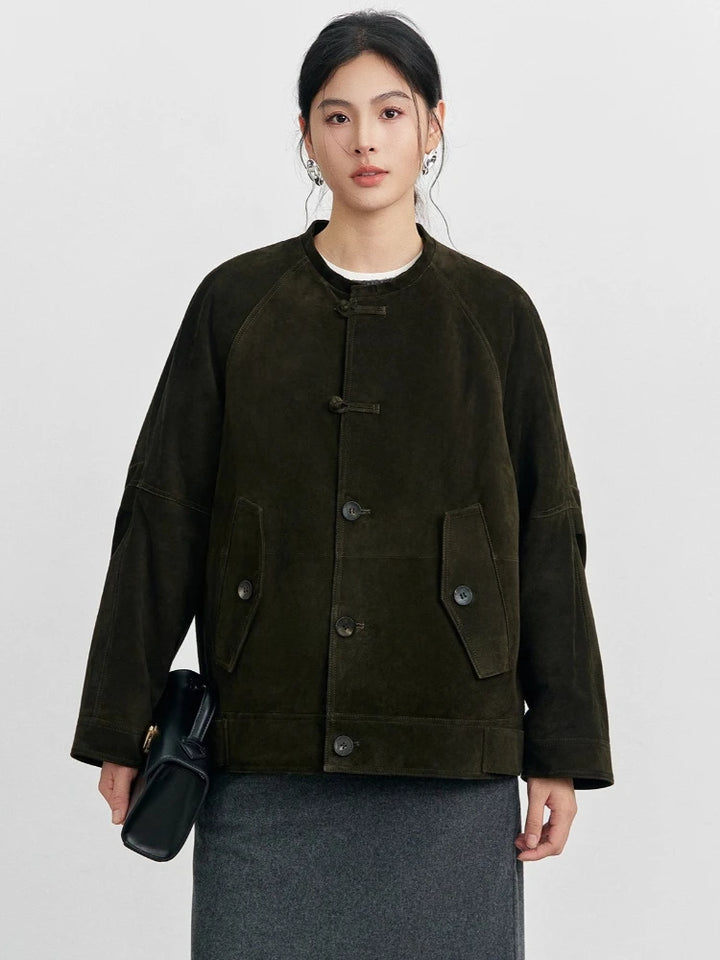 Olive suede cropped jacket for women with snap-button front and flap chest pockets