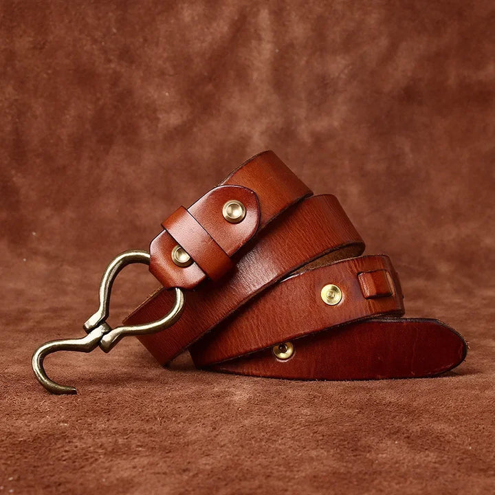 Brown leather belt with brass hook buckle, double keeper straps, and gold studs