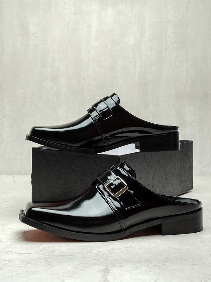 Shining Leather Square Toe Mules