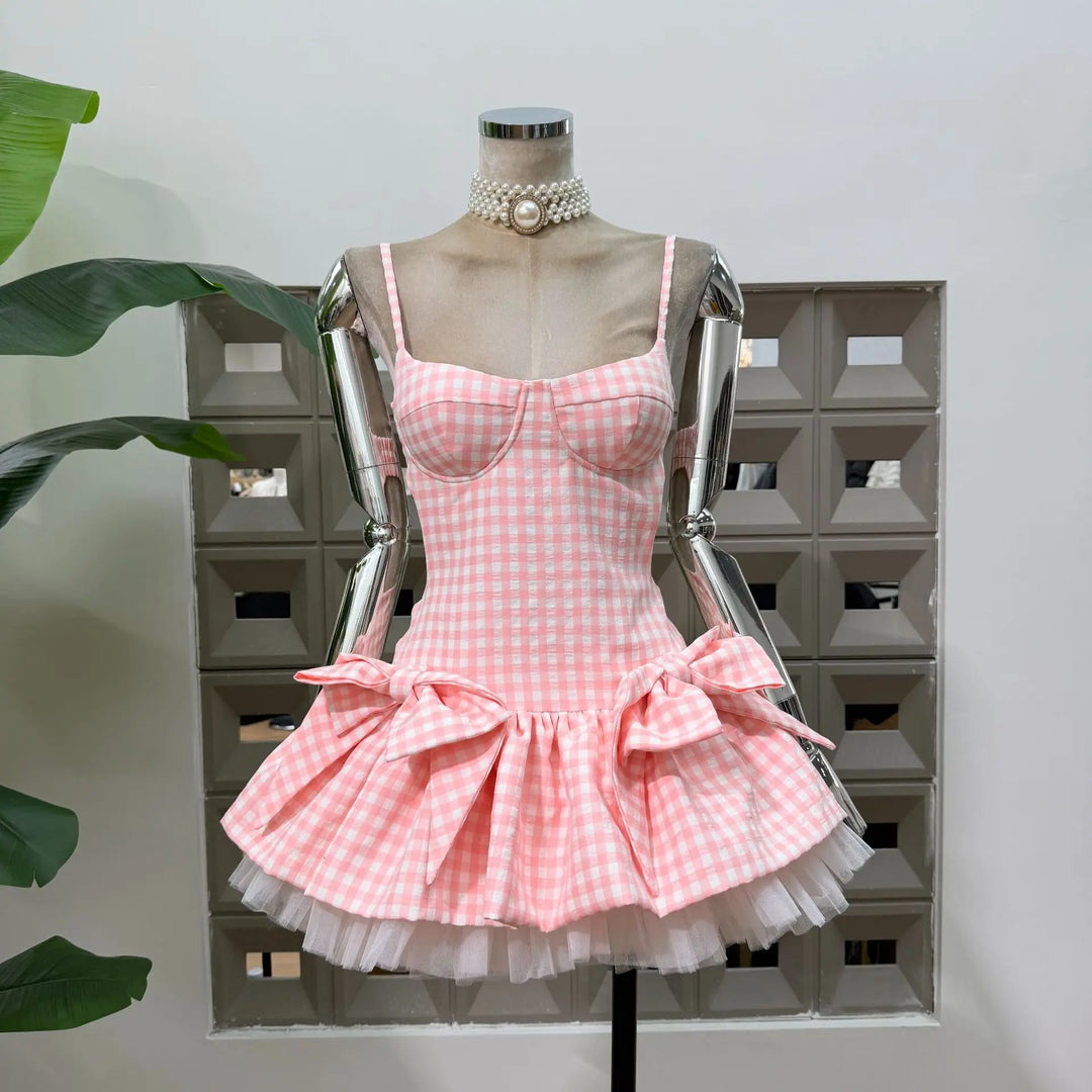 Refined Grid Bows Short Club Dress