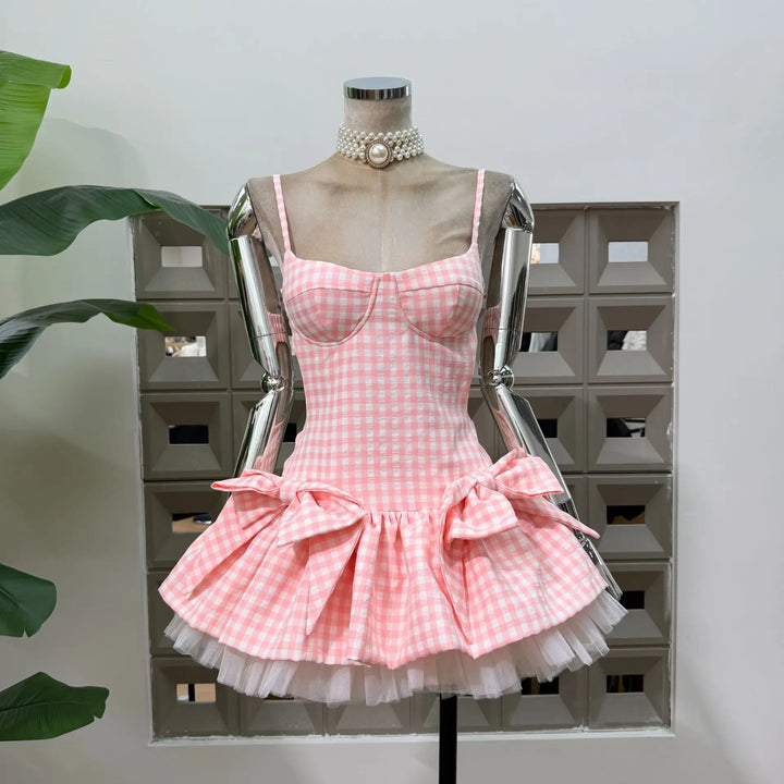 Refined Grid Bows Short Club Dress