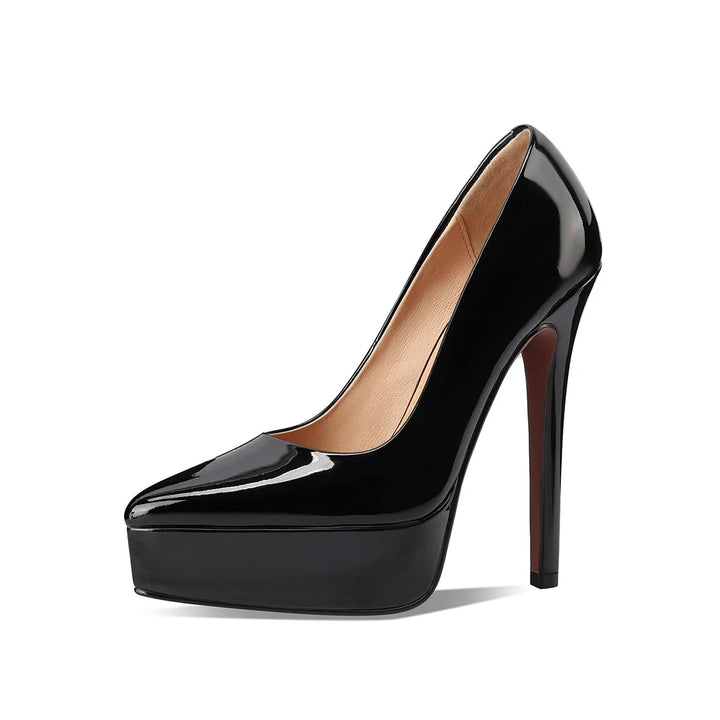 Black leather platform thin-heel pumps with pointed toe and glossy finish