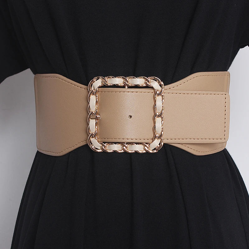 Beige wide PU corset belt with chain-link buckle and square center