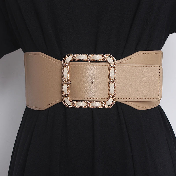 Beige wide PU corset belt with chain-link buckle and square center