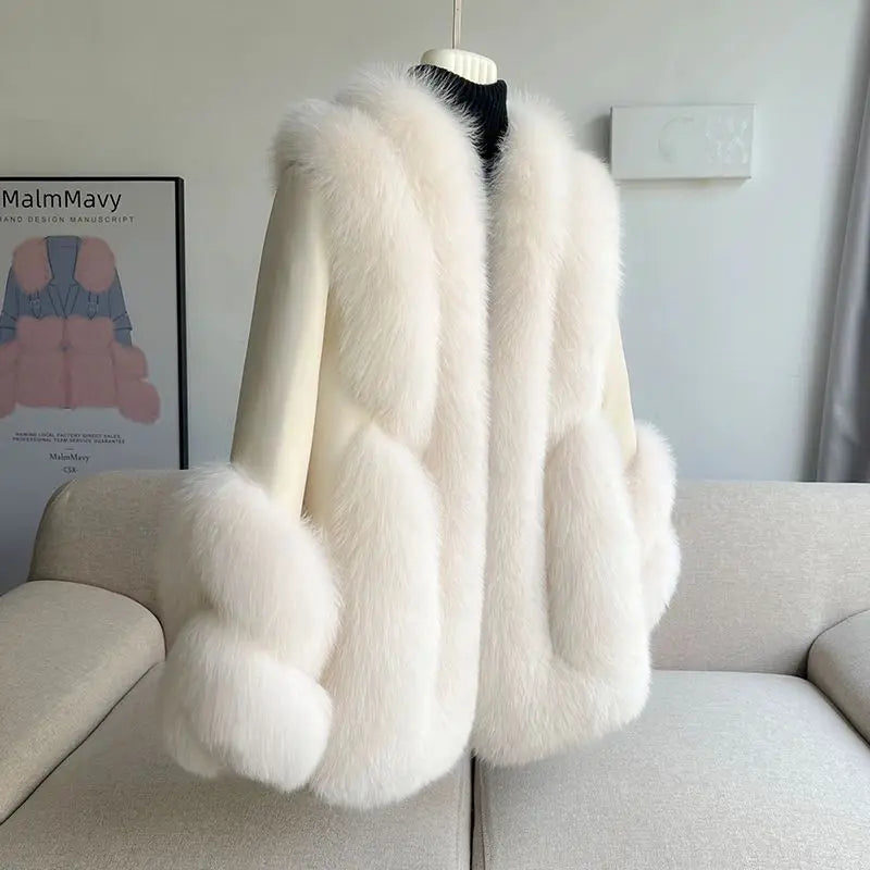 Women’s faux fur warm leather jacket in white, back view with thick fur trim and cuffs