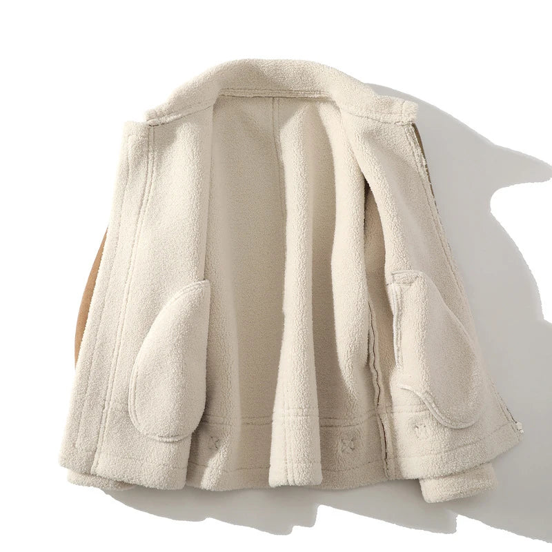 Elegant Suede Leather Woolen Thick Coat