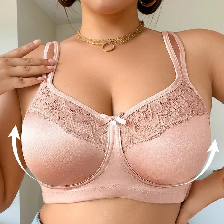 Apricot beige wireless lace bra with full cups and bow at center front