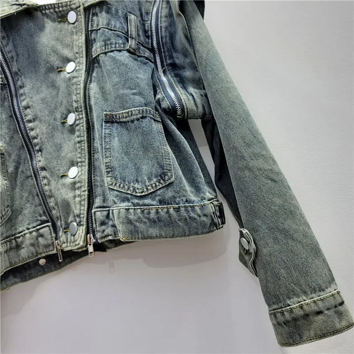 Trendy Multi-zipper Short Denim Jacket