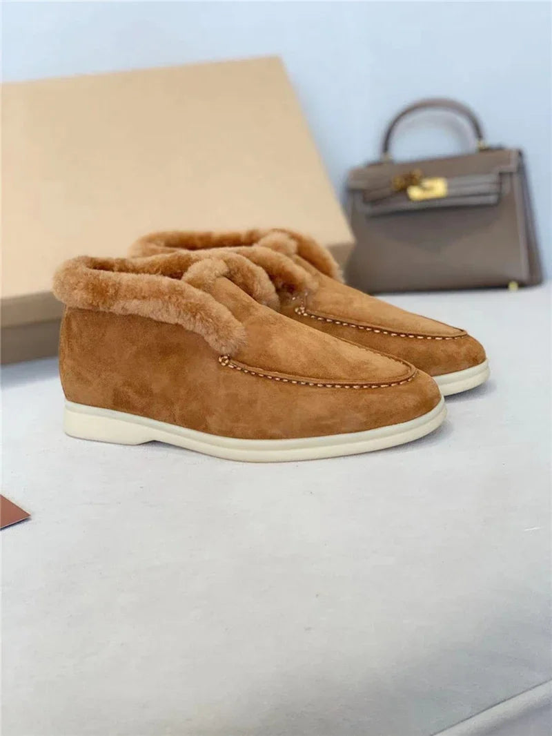 Women's fur-lined loafer slippers, khaki beige suede with cream faux-fur trim