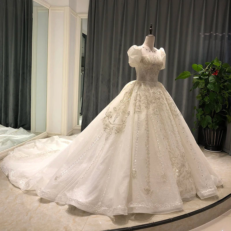 Puff Sleeves Embroidered Royal Train Bridal Dress