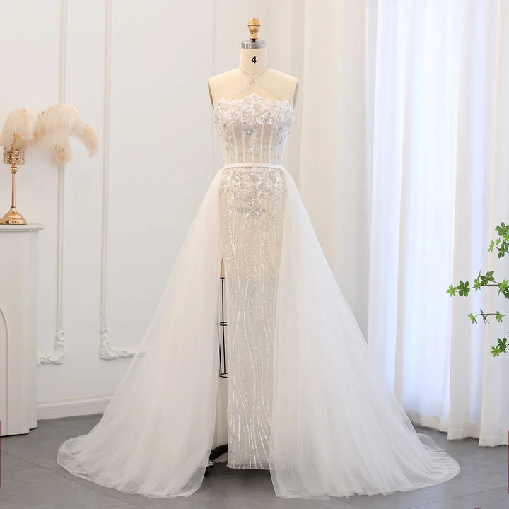 Halter Mermaid Wedding Dress With Detachable Overskirt