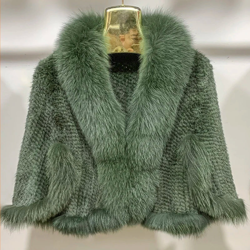 Real Poncho Fur Knitted Shawl