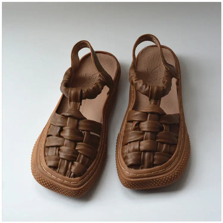Women’s woven leather casual shoes in coffee brown, close pair view of woven uppers