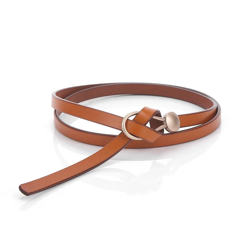 Brown leather waist belt with pin buckle and round metal keeper, long strap